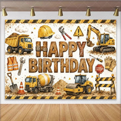 Lofaris Construction Happy Birthday Backdrop with Dump Truck and Excavator Fun Party Background for Kids Photo Booth Decor