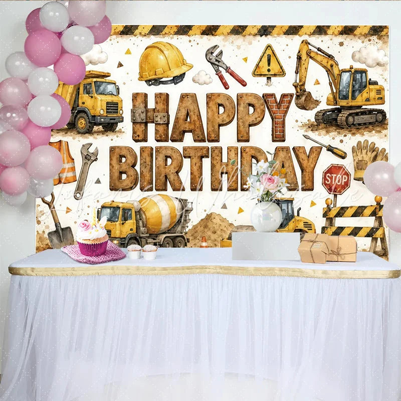 Lofaris Construction Happy Birthday Backdrop with Dump Truck and Excavator Fun Party Background for Kids Photo Booth Decor