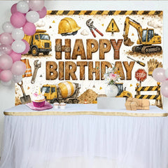 Lofaris Construction Happy Birthday Backdrop with Dump Truck and Excavator Fun Party Background for Kids Photo Booth Decor