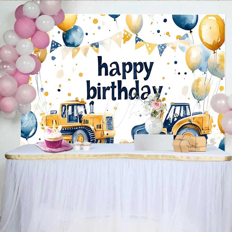 Lofaris Construction Theme Birthday Backdrop Bulldozer Balloon Bunting Background Boy Party Photo Prop