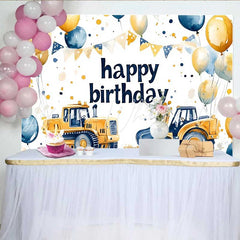 Lofaris Construction Theme Birthday Backdrop Bulldozer Balloon Bunting Background Boy Party Photo Prop