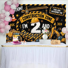 Lofaris Construction Zone 2nd Birthday Backdrop with Dump Truck and Excavator Black and Yellow Party Background for Kids