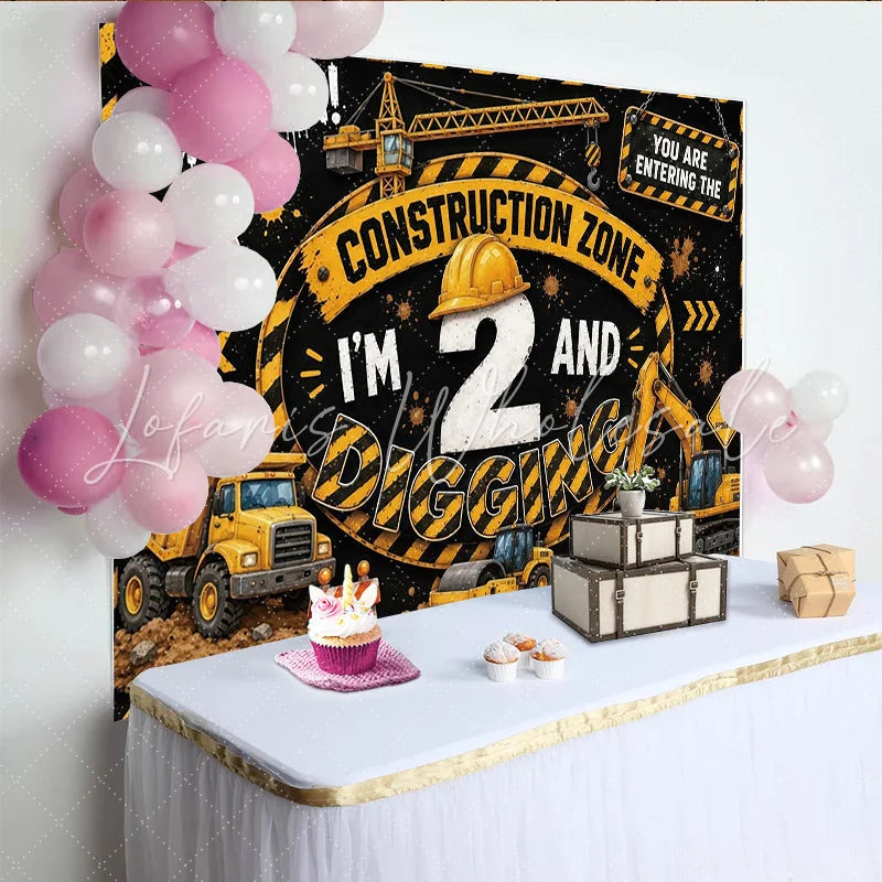 Lofaris Construction Zone 2nd Birthday Backdrop with Dump Truck and Excavator Black and Yellow Party Background for Kids