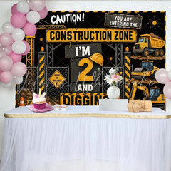 Lofaris Construction Zone 2nd Birthday Backdrop with Yellow Trucks and Digging Theme Party Decoration for Kids Photoshoot