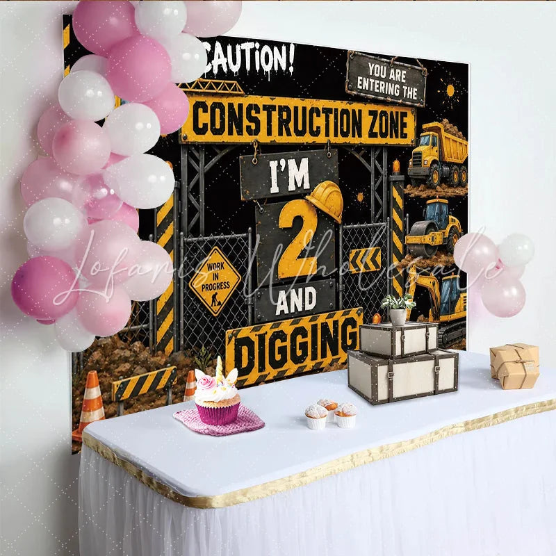Lofaris Construction Zone 2nd Birthday Backdrop with Yellow Trucks and Digging Theme Party Decoration for Kids Photoshoot