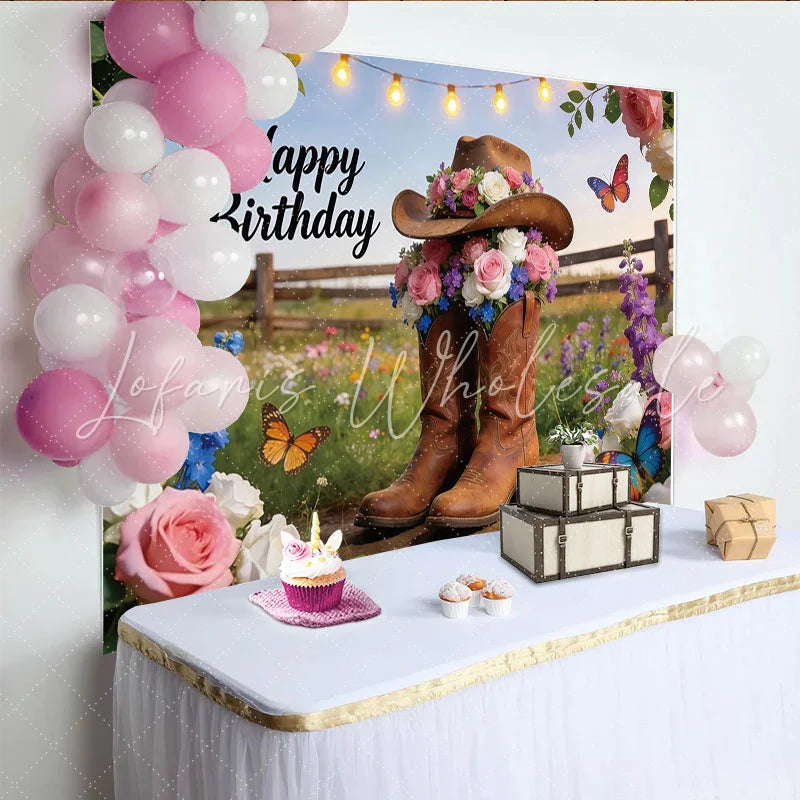 Lofaris Country Floral Birthday Backdrop with Cowboy Boots and Hat Rustic Western Party Decor for Photoshoot