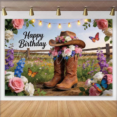 Lofaris Country Floral Birthday Backdrop with Cowboy Boots and Hat Rustic Western Party Decor for Photoshoot