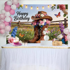 Lofaris Country Floral Birthday Backdrop with Cowboy Boots and Hat Rustic Western Party Decor for Photoshoot