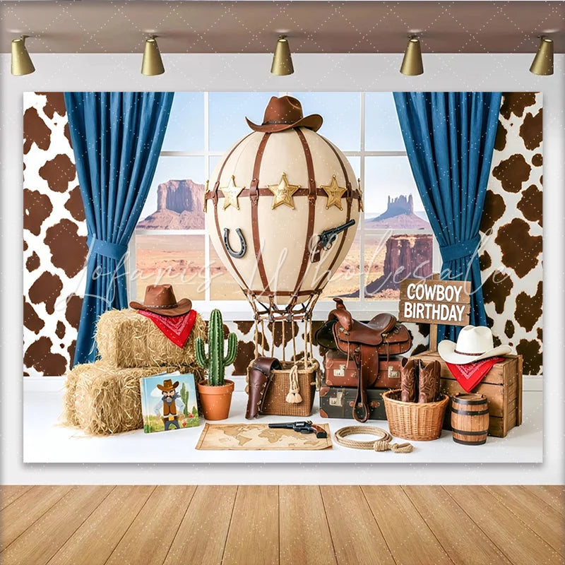 Lofaris Cowboy Birthday Photography Backdrop with Hot Air Balloon Hay Bales and Desert View Western Themed Party Decor for Kids Photoshoot