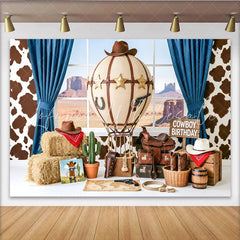 Lofaris Cowboy Birthday Photography Backdrop with Hot Air Balloon Hay Bales and Desert View Western Themed Party Decor for Kids Photoshoot