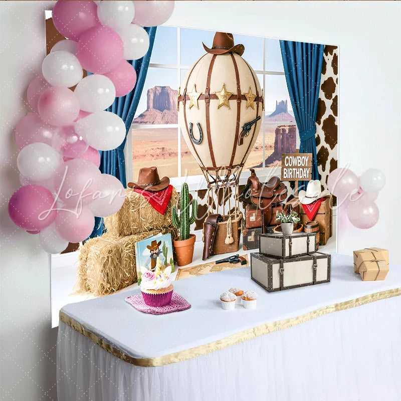 Lofaris Cowboy Birthday Photography Backdrop with Hot Air Balloon Hay Bales and Desert View Western Themed Party Decor for Kids Photoshoot