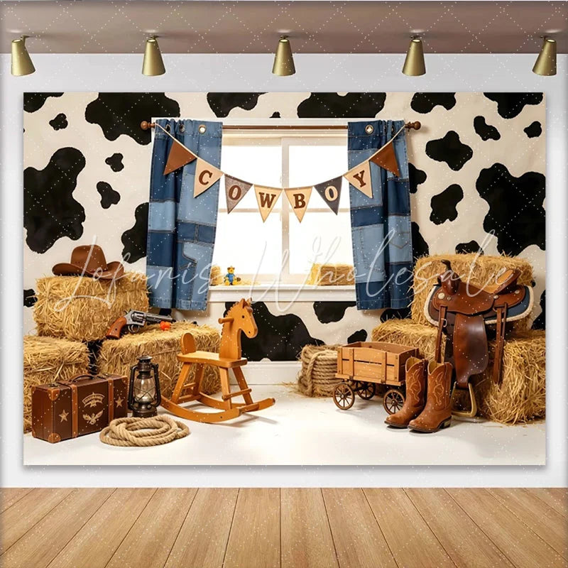 Lofaris Cowboy Western Photography Backdrop with Cow Print and Hay Bales Rustic Farm Studio Background for Kids Photoshoot