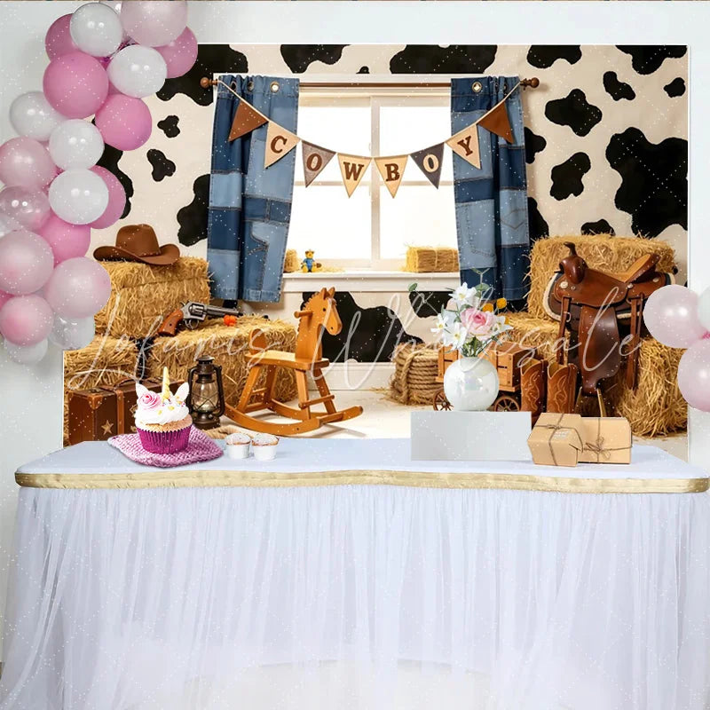 Lofaris Cowboy Western Photography Backdrop with Cow Print and Hay Bales Rustic Farm Studio Background for Kids Photoshoot