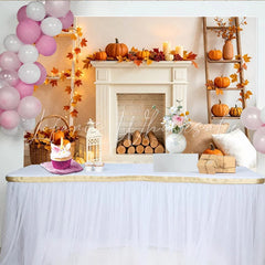 Lofaris Cozy Autumn Harvest Backdrop with White Fireplace Pumpkins and Fall Leaves Warm Thanksgiving Photography Background for Home Decor