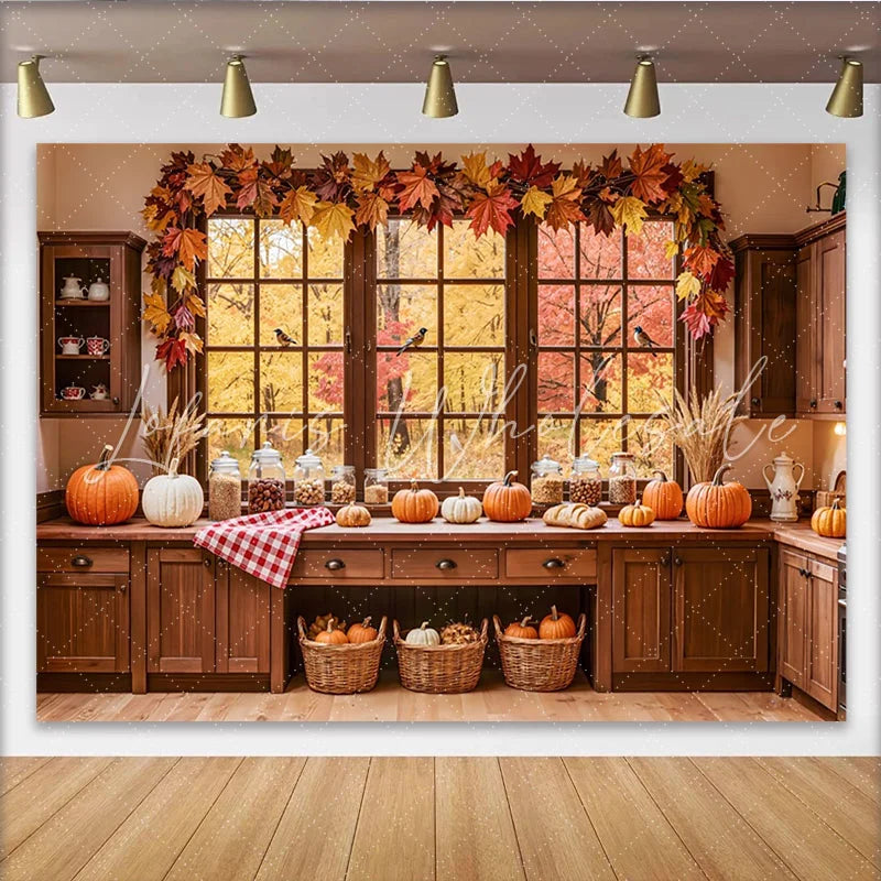 Lofaris Cozy Autumn Kitchen Thanksgiving Backdrop for Family Feast Rustic Pumpkin and Maple Leaf Background for Photo Studio