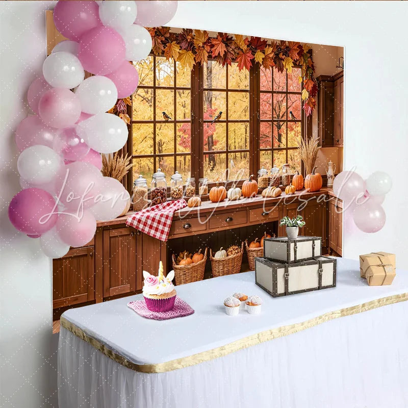 Lofaris Cozy Autumn Kitchen Thanksgiving Backdrop for Family Feast Rustic Pumpkin and Maple Leaf Background for Photo Studio
