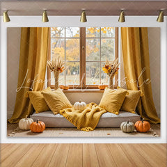 Lofaris Cozy Autumn Photography Backdrop with Yellow Curtains and Pumpkins Fall Window Scene Background for Seasonal Decor