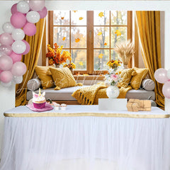 Lofaris Cozy Autumn Window Photography Backdrop with Pumpkins and Fall Leaves Rustic Seasonal Background for Studio Photoshoot and Home