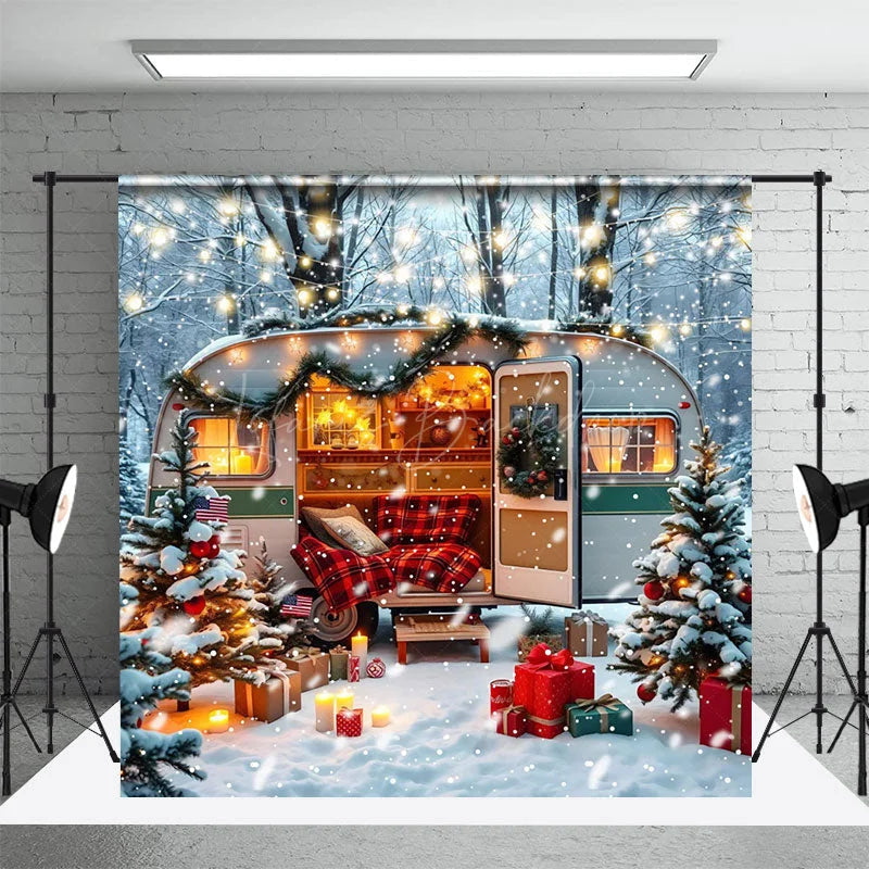 Lofaris Cozy Camper Van Decorations Winter Forest Backdrop