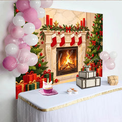 Lofaris Cozy Christmas Backdrop with Fireplace Decorated Trees and Hanging Stockings Festive Holiday Party Decor for Photoshoot