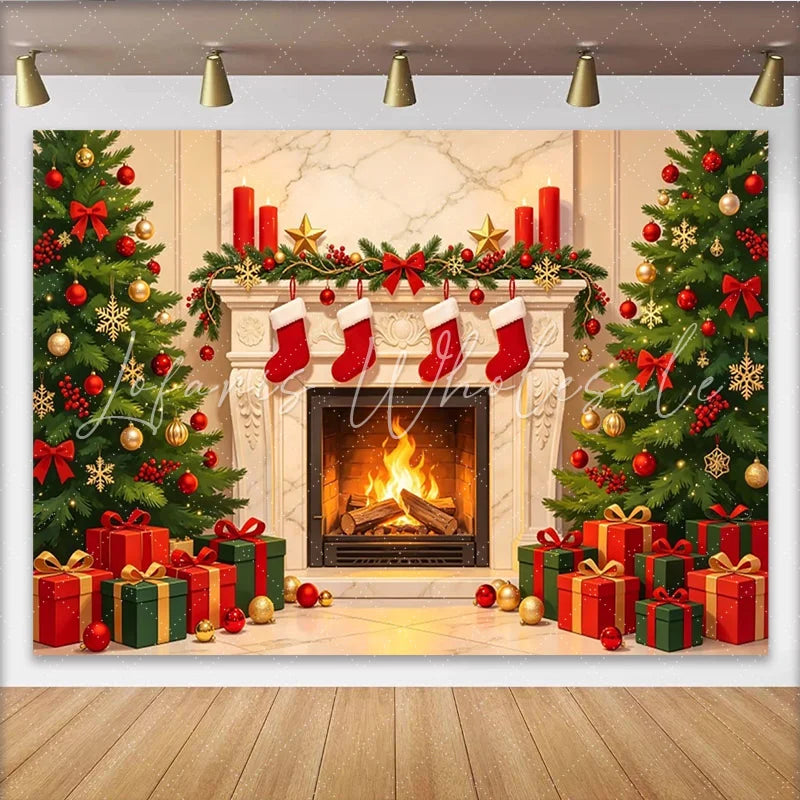 Lofaris Cozy Christmas Backdrop with Fireplace Decorated Trees and Hanging Stockings Festive Holiday Party Decor for Photoshoot