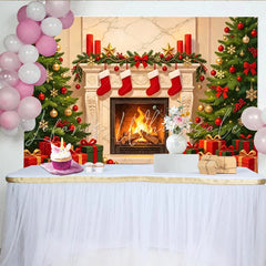 Lofaris Cozy Christmas Backdrop with Fireplace Decorated Trees and Hanging Stockings Festive Holiday Party Decor for Photoshoot