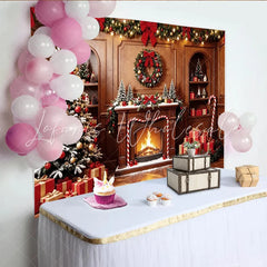 Lofaris Cozy Christmas Fireplace Backdrop with Decorated Tree and Gifts Festive Holiday Background for Family Photoshoot