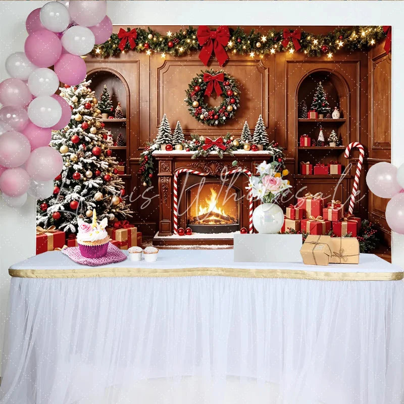 Lofaris Cozy Christmas Fireplace Backdrop with Decorated Tree and Gifts Festive Holiday Background for Family Photoshoot