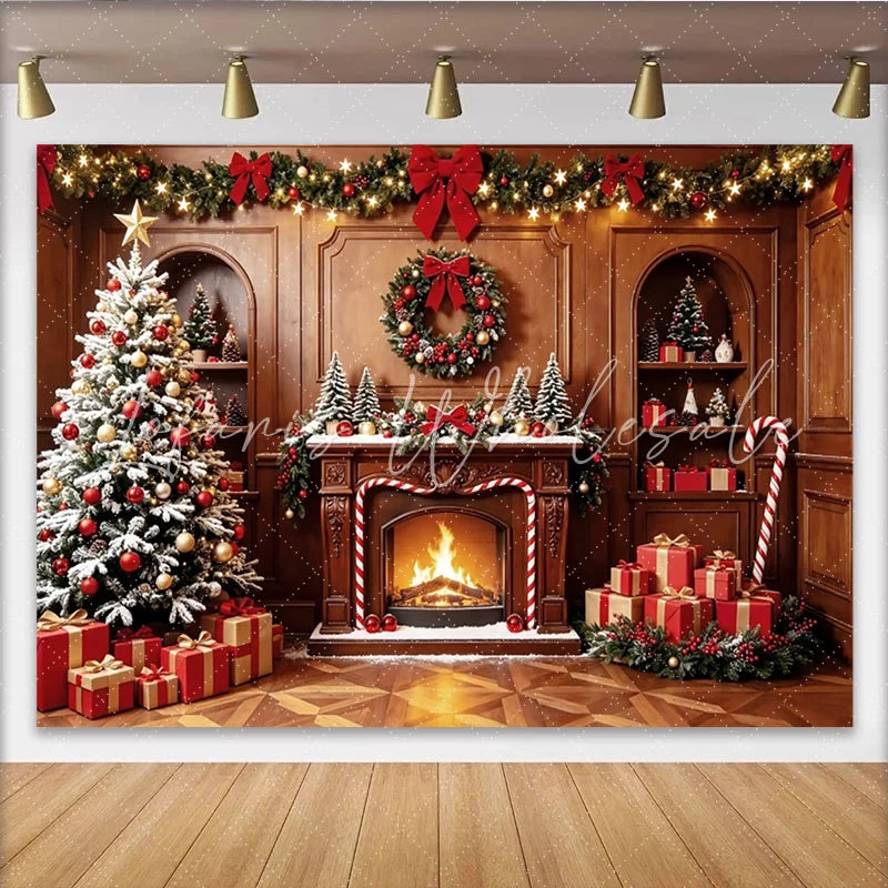 Lofaris Cozy Christmas Fireplace Backdrop with Decorated Tree and Gifts Festive Holiday Background for Family Photoshoot