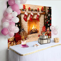 Lofaris Cozy Christmas Fireplace Backdrop with Decorated Trees and Gifts Festive Holiday Photography Background for Winter Party Decor