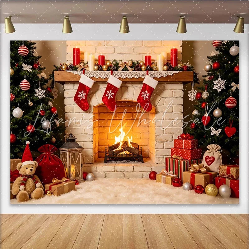 Lofaris Cozy Christmas Fireplace Backdrop with Decorated Trees and Gifts Festive Holiday Photography Background for Winter Party Decor