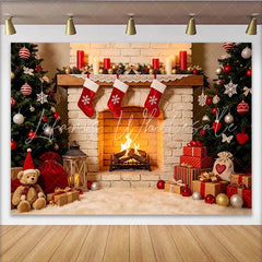 Lofaris Cozy Christmas Fireplace Backdrop with Decorated Trees and Gifts Festive Holiday Photography Background for Winter Party Decor