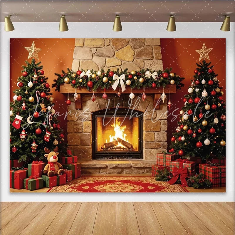 Lofaris Cozy Christmas Fireplace Backdrop with Decorated Trees and Presents Festive Holiday Background for Family Photoshoot and Winter