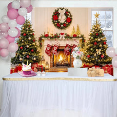 Lofaris Cozy Christmas Fireplace Backdrop with Decorated Trees and Stockings Elegant Holiday Background for Family Photoshoot