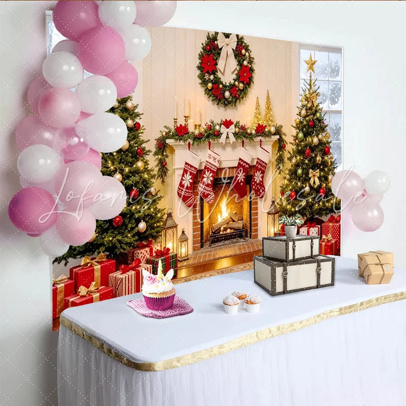 Lofaris Cozy Christmas Fireplace Backdrop with Decorated Trees and Stockings Elegant Holiday Background for Family Photoshoot