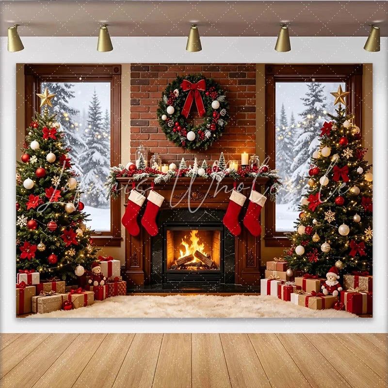 Lofaris Cozy Christmas Fireplace Backdrop with Decorated Trees and Wreath Elegant Studio Background for Holiday Photoshoot and Festive Decor