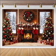 Lofaris Cozy Christmas Fireplace Backdrop with Decorated Trees and Wreath Elegant Studio Background for Holiday Photoshoot and Festive Decor