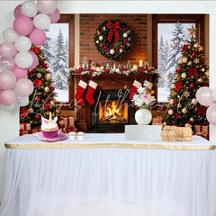 Lofaris Cozy Christmas Fireplace Backdrop with Decorated Trees and Wreath Elegant Studio Background for Holiday Photoshoot and Festive Decor