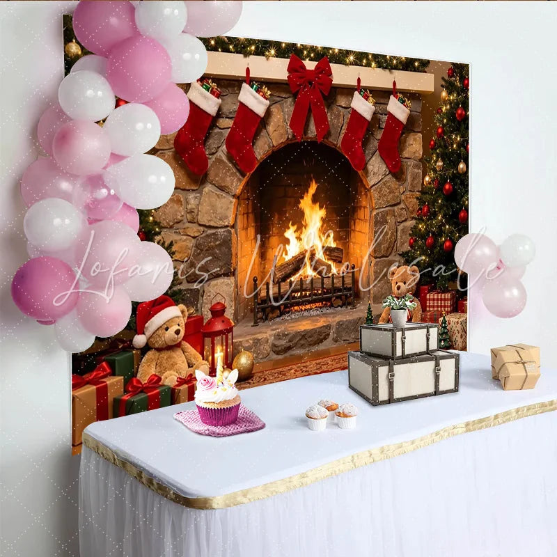 Lofaris Cozy Christmas Fireplace Backdrop with Decorated Trees Stockings and Gifts Festive Holiday for Family Photography and Party Decor