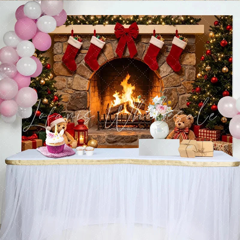 Lofaris Cozy Christmas Fireplace Backdrop with Decorated Trees Stockings and Gifts Festive Holiday for Family Photography and Party Decor