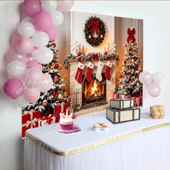 Lofaris Cozy Christmas Fireplace Backdrop with Snow Dusted Trees and Gifts Festive Holiday Background for Family Photos and Winter Decor