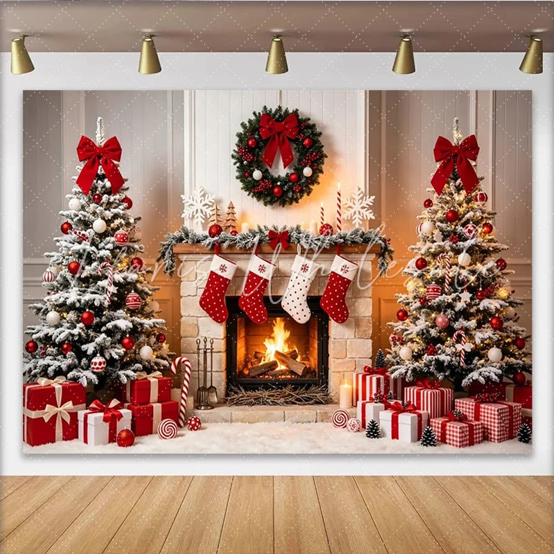 Lofaris Cozy Christmas Fireplace Backdrop with Snow Dusted Trees and Gifts Festive Holiday Background for Family Photos and Winter Decor