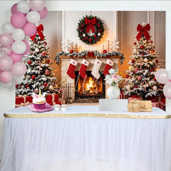 Lofaris Cozy Christmas Fireplace Backdrop with Snow Dusted Trees and Gifts Festive Holiday Background for Family Photos and Winter Decor