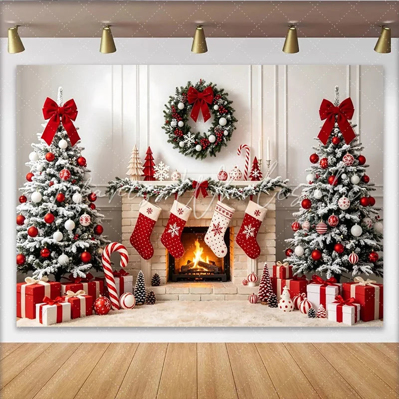 Lofaris Cozy Christmas Fireplace Backdrop with Snow-Dusted Trees Elegant Holiday Background for Winter Photography and Festive Decor
