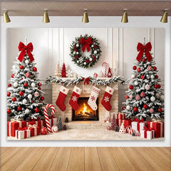 Lofaris Cozy Christmas Fireplace Backdrop with Snow-Dusted Trees Elegant Holiday Background for Winter Photography and Festive Decor