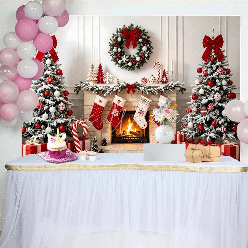Lofaris Cozy Christmas Fireplace Backdrop with Snow-Dusted Trees Elegant Holiday Background for Winter Photography and Festive Decor