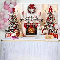 Lofaris Cozy Christmas Fireplace Backdrop with Snow-Dusted Trees Red Ornaments and Festive Gifts Winter Holiday for Family Photoshoot