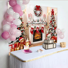 Lofaris Cozy Christmas Fireplace Backdrop with Snow-Dusted Trees Red Ornaments and Festive Gifts Winter Holiday for Family Photoshoot