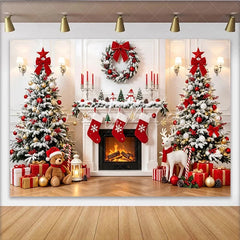 Lofaris Cozy Christmas Fireplace Backdrop with Snow-Dusted Trees Red Ornaments and Festive Gifts Winter Holiday for Family Photoshoot