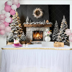 Lofaris Cozy Christmas Fireplace Backdrop with Snowy Trees and Warm Lights Elegant Winter Holiday Background for Family Photoshoot